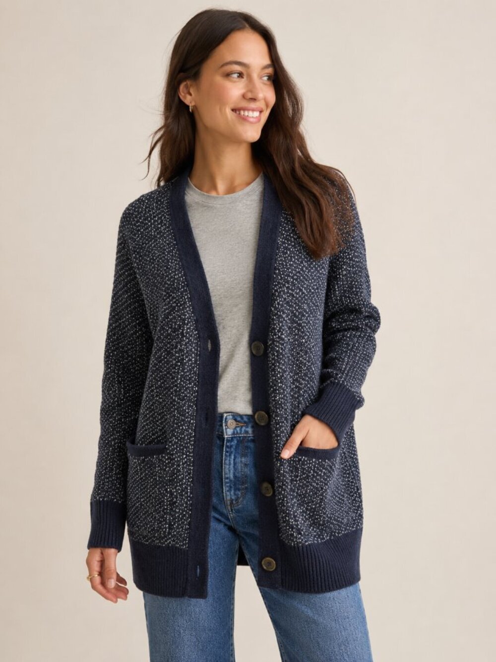 Madewell Bird’s Eye Maysfield Cardigan Sweater Merino Wool Blend Blue Size Small